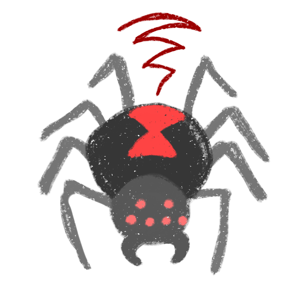 a cartoon-style black widow spider. The spider's body is mainly black with a bright red hourglass shape on its underside. It has eight long, spindly legs, and its eyes are small and pastel red. The spider is positioned against a clear background, and there is a red squiggle above its head,  indicating a warning signal